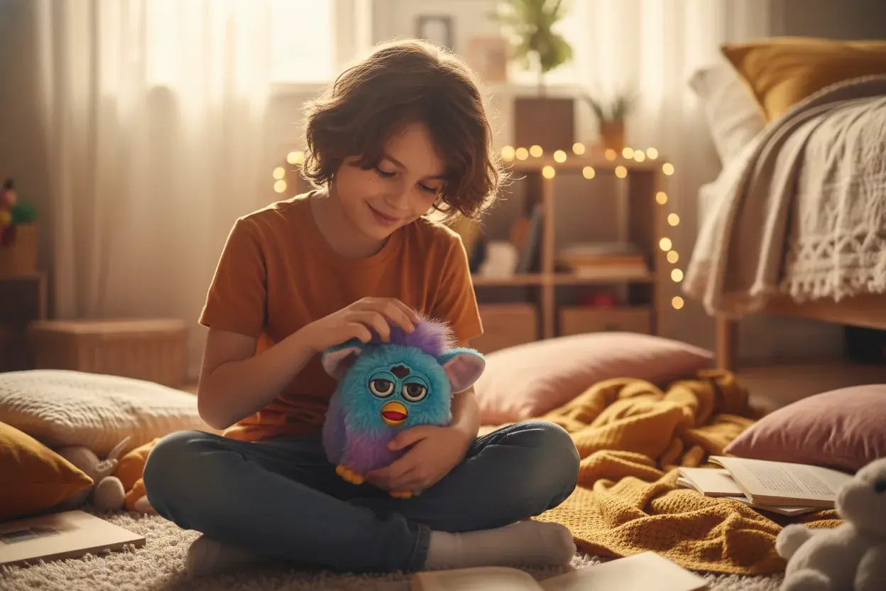 Child gently caring for Furby toy showing proper handling and interaction