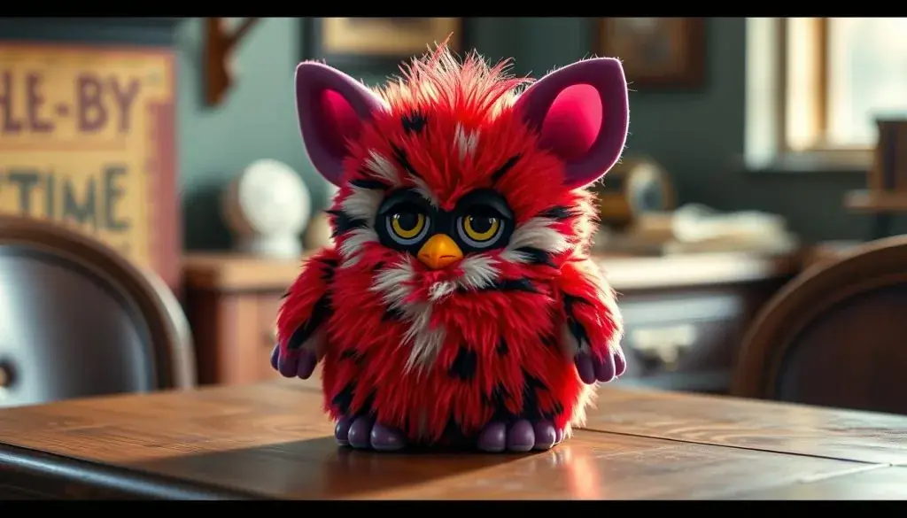 A vibrant Furby figure with a unique Shelby shell pattern, sitting atop a vintage wooden table. The Furby's plush, fuzzy exterior is intricately detailed, mimicking the iconic Shelby automotive design elements, including the distinct ridges and curves. Soft, warm lighting casts a nostalgic glow, highlighting the textural details of the shell. The scene is framed by a slightly blurred, retro-inspired background, creating a sense of timelessness and wonder, as if glimpsing into the origins of these beloved characters.