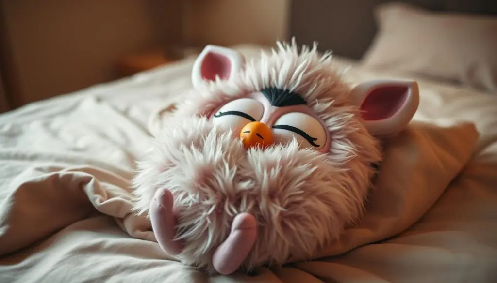 A furby doll resting peacefully in "sleep mode", its large round eyes closed softly, the plush fur coat rising and falling gently with each calm breath. The furby is placed on a cozy, neutral-toned bedspread, the lighting warm and soothing, creating a serene, drowsy atmosphere. The camera angle is slightly elevated, capturing the furby from an overhead perspective, emphasizing its relaxed, vulnerable state. The background is blurred, with just a hint of a simple, uncluttered interior visible, allowing the sleeping furby to be the sole focus of the image.