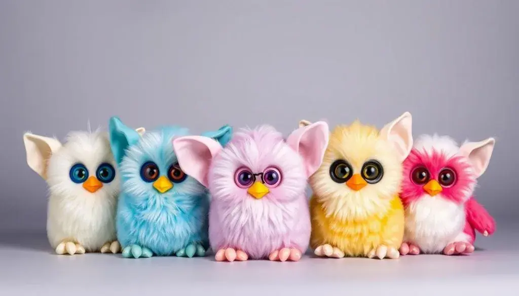 Multiple original Furbies showing different color variations and personalities Multiple original Furbies showing different color variations and personalities