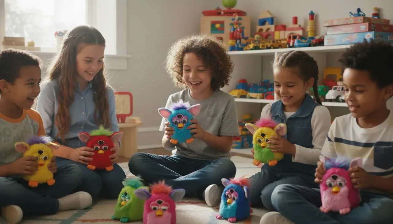 children playing with furbies showing emotional connection and joy