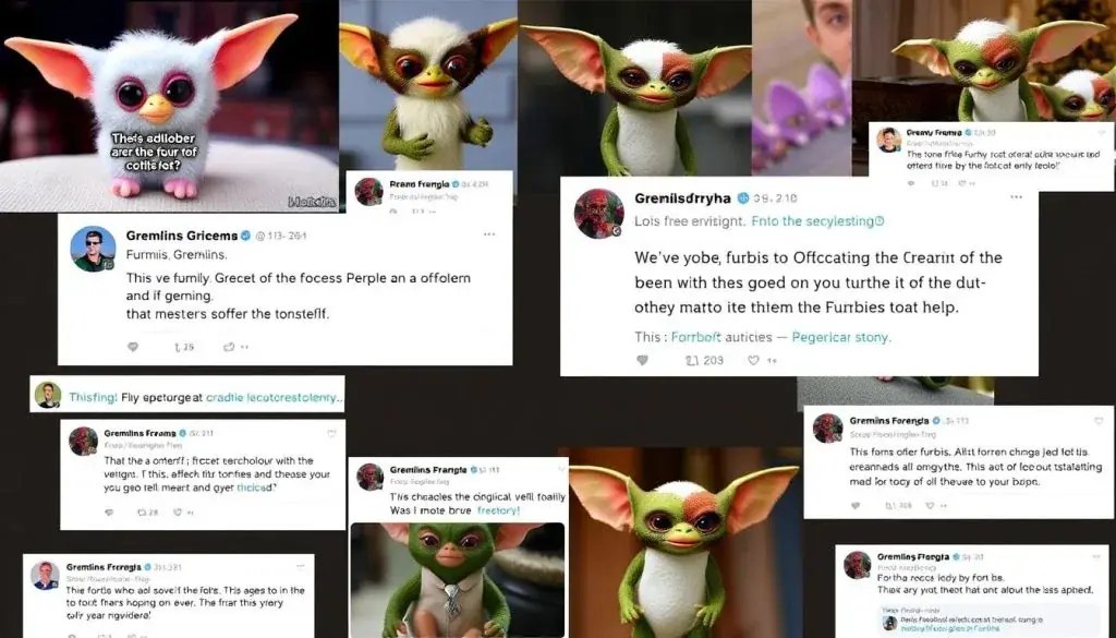 Internet meme comparing Furbies to Gremlins with humorous captions about their similarities Internet meme comparing Furbies to Gremlins with humorous captions about their similarities