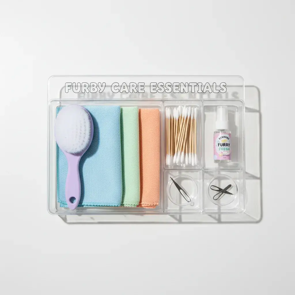 Furby cleaning kit with soft brush and microfiber cloths