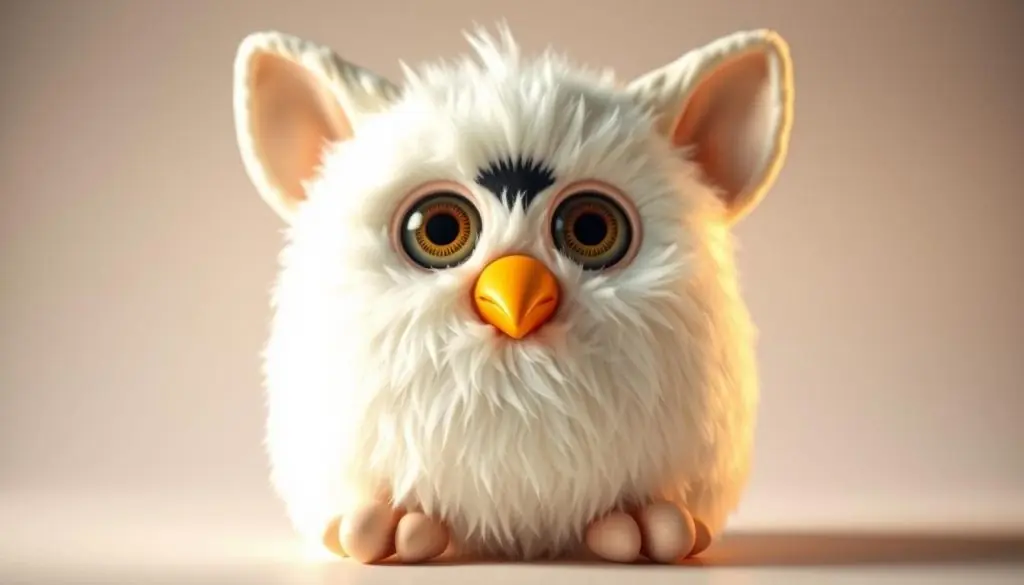 A highly detailed, photorealistic image of the 1998 white Furby toy, showcasing its unique design and features. The Furby is positioned in the center of the frame, with a soft, warm lighting illuminating its fuzzy, plush exterior. The camera angle captures the Furby's expressive eyes, large ears, and distinctive beak-like mouth, highlighting the intricate details that made the original Furby design so iconic. The background is a clean, neutral setting, allowing the Furby to be the primary focus. The image conveys a sense of nostalgia and the classic aesthetic of the 1990s toy craze. A highly detailed, photorealistic image of the 1998 white Furby toy, showcasing its unique design and features. The Furby is positioned in the center of the frame, with a soft, warm lighting illuminating its fuzzy, plush exterior. The camera angle captures the Furby's expressive eyes, large ears, and distinctive beak-like mouth, highlighting the intricate details that made the original Furby design so iconic. The background is a clean, neutral setting, allowing the Furby to be the primary focus. The image conveys a sense of nostalgia and the classic aesthetic of the 1990s toy craze.