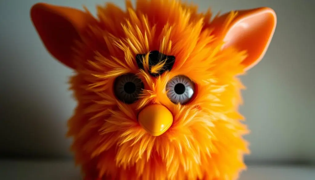 A close-up view of a Furby Mini figure, its soft, plush fur in a vibrant orange tone. The creature's wide, expressive eyes gaze directly at the viewer, conveying a sense of curiosity and playfulness. The Furby Mini's small, rounded body is positioned against a neutral, slightly out-of-focus background, allowing the subject to take center stage. The lighting is soft and diffused, creating a warm, inviting atmosphere that highlights the Furby's endearing features. The image is captured at a slightly high angle, emphasizing the Furby Mini's diminutive stature and adding to its charming appeal. A close-up view of a Furby Mini figure, its soft, plush fur in a vibrant orange tone. The creature's wide, expressive eyes gaze directly at the viewer, conveying a sense of curiosity and playfulness. The Furby Mini's small, rounded body is positioned against a neutral, slightly out-of-focus background, allowing the subject to take center stage. The lighting is soft and diffused, creating a warm, inviting atmosphere that highlights the Furby's endearing features. The image is captured at a slightly high angle, emphasizing the Furby Mini's diminutive stature and adding to its charming appeal.