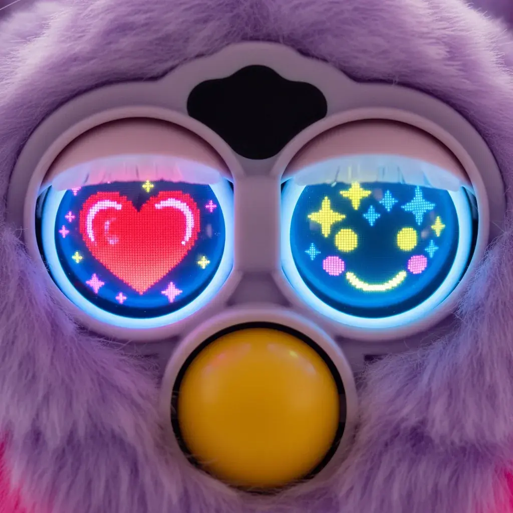 Close-up of Furby LCD eyes showing expressive digital display technology