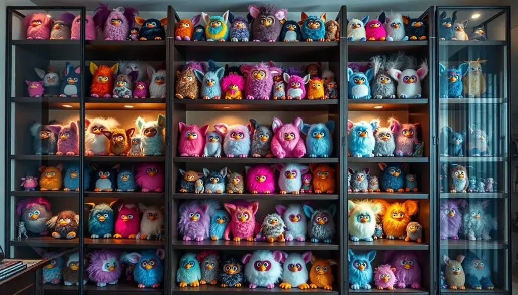 Furby collection display showing what are Furbies worth today in a collector's showcase Furby collection display showing what are Furbies worth today in a collector's showcase