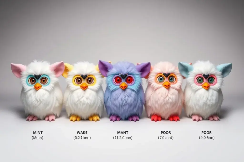 Visual guide showing Furby condition grades from mint to poor for furby price guide reference Visual guide showing Furby condition grades from mint to poor for furby price guide reference