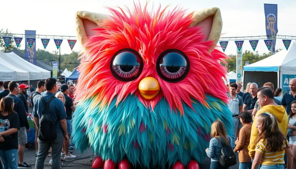 Giant Furby art installation towering over people at a festival