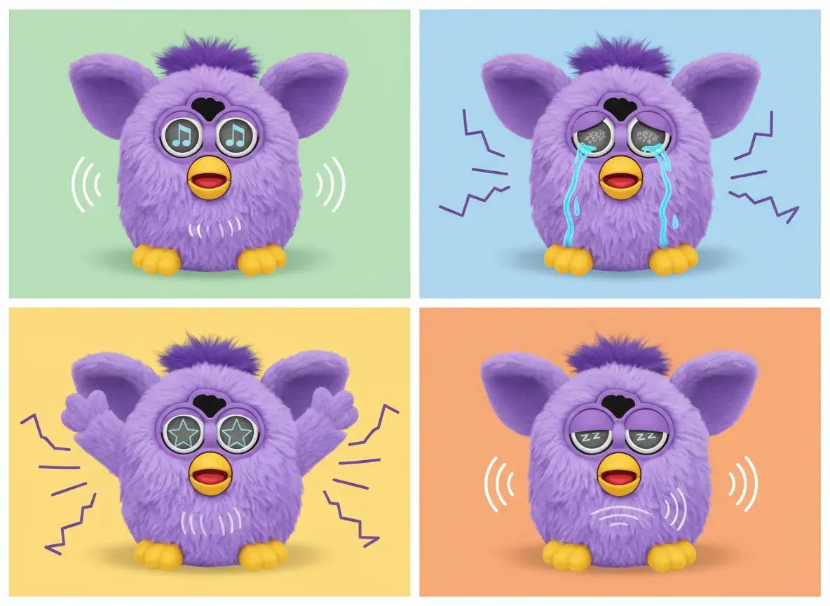 Furby displaying various emotional sounds and expressions with color LCD eyes