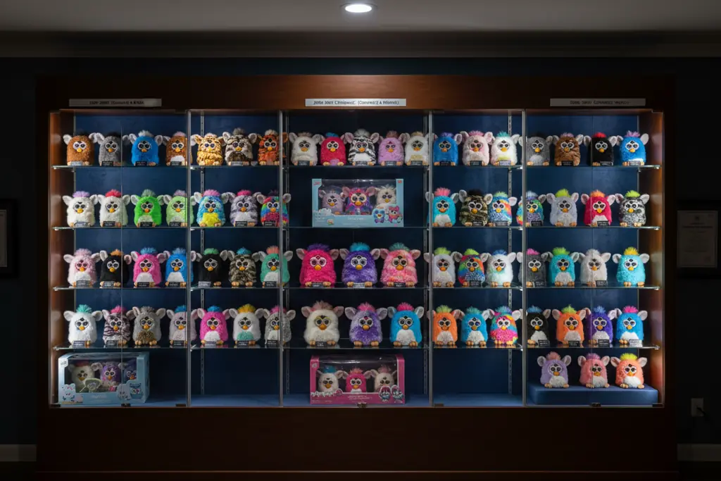 extensive Furby collection display showing rare and limited editions