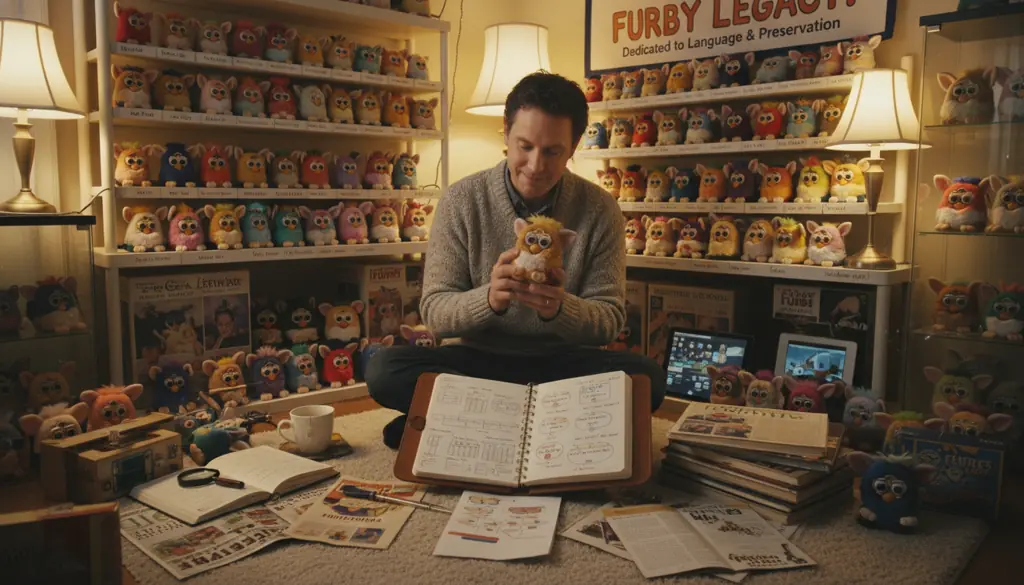Furby collector displaying their language-focused collection