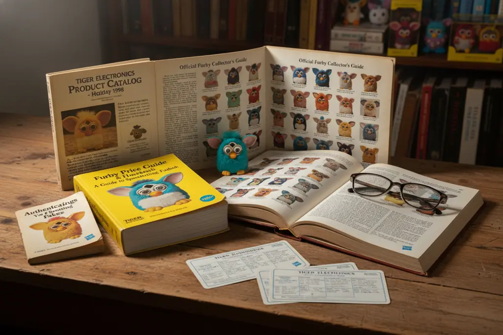 Furby reference books and collector guides displayed together