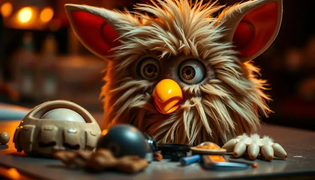 A detailed, meticulously crafted Furby costume face assembly, illuminated by warm, soft lighting that accentuates the intricate textures and contours. In the foreground, the disassembled facial components - the large, expressive eyes, the rounded, furry cheeks, and the quirky, open-mouthed expression - are arranged in a precise, almost surgical layout, inviting the viewer to examine the construction process. The middle ground features a partially assembled Furby face, the individual pieces seamlessly integrated, creating a whimsical, almost lifelike impression. The background subtly blurs, allowing the viewer to focus on the craftsmanship and attention to detail, capturing the essence of this beloved character's iconic look. A detailed, meticulously crafted Furby costume face assembly, illuminated by warm, soft lighting that accentuates the intricate textures and contours. In the foreground, the disassembled facial components - the large, expressive eyes, the rounded, furry cheeks, and the quirky, open-mouthed expression - are arranged in a precise, almost surgical layout, inviting the viewer to examine the construction process. The middle ground features a partially assembled Furby face, the individual pieces seamlessly integrated, creating a whimsical, almost lifelike impression. The background subtly blurs, allowing the viewer to focus on the craftsmanship and attention to detail, capturing the essence of this beloved character's iconic look.