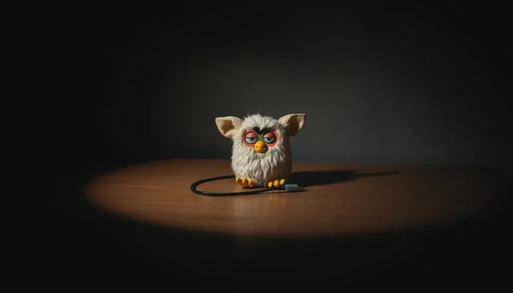 A dimly lit room, the focus centered on a vintage Furby toy sitting peacefully on a wooden table. The Furby's eyes are closed, its fur slightly disheveled, as if it has just undergone the shutdown process. Soft shadows cast across the scene, creating an almost somber atmosphere. The table's surface is clear, with only the Furby and a single power cord visible, hinting at the methodical steps required to turn off this iconic 90s toy. The overall composition conveys a sense of finality, the Furby's tranquil state a testament to the careful and deliberate shutdown process.