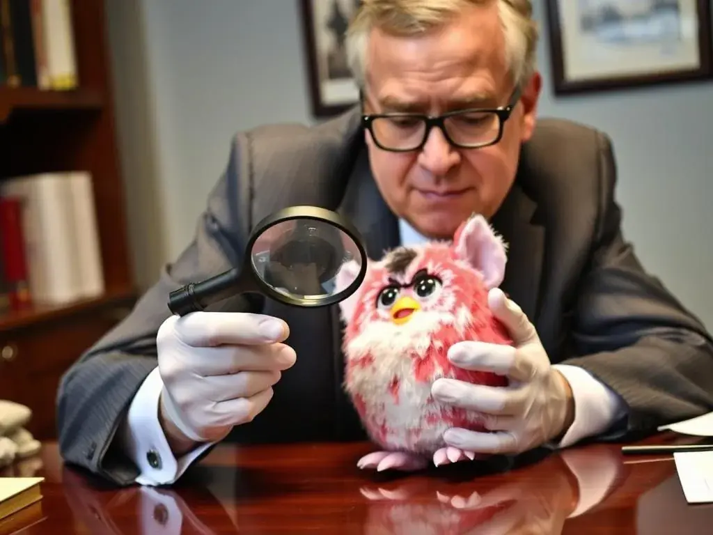 Professional appraiser examining a 1998 Furby to determine its worth