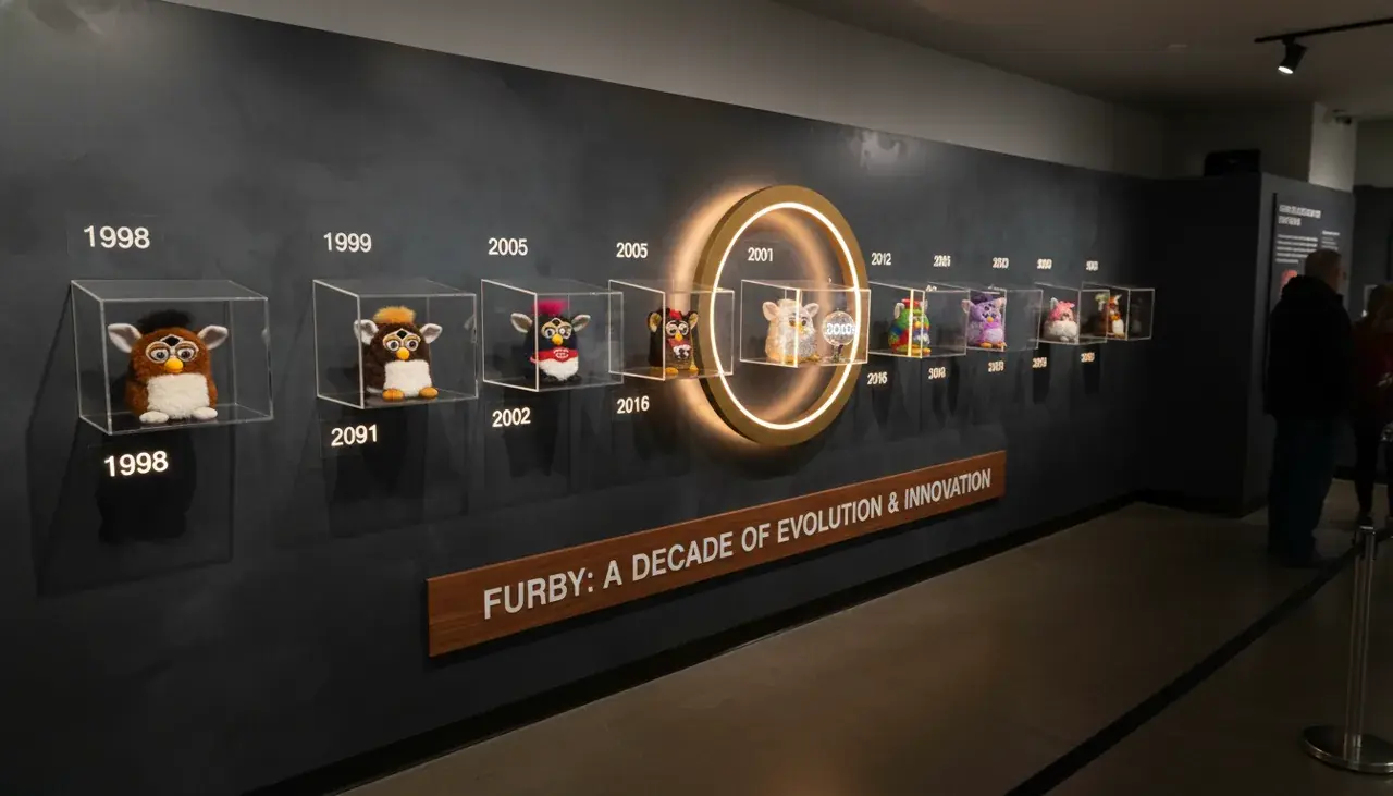 Timeline display of Furby special editions including the Millennium Furby