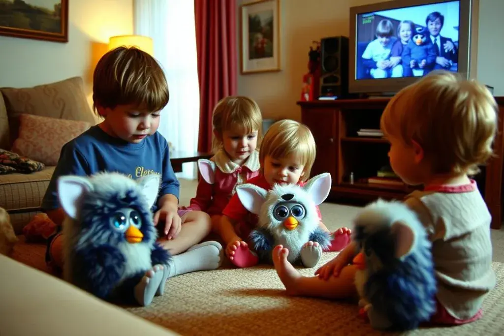 A nostalgic scene showing children playing with Shelby Furby toys in an early 2000s setting