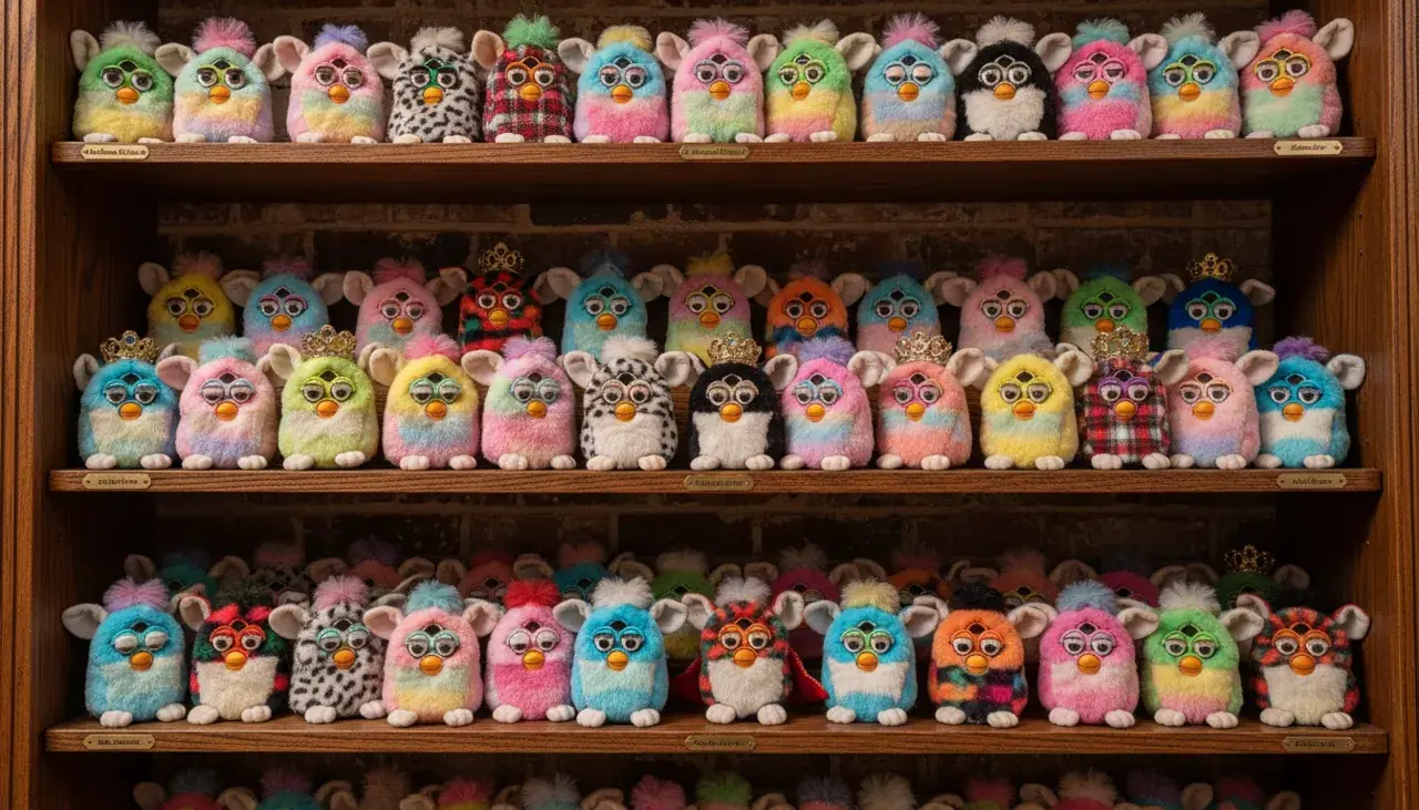 Collection of the most rare Furby special editions displayed on collector shelf