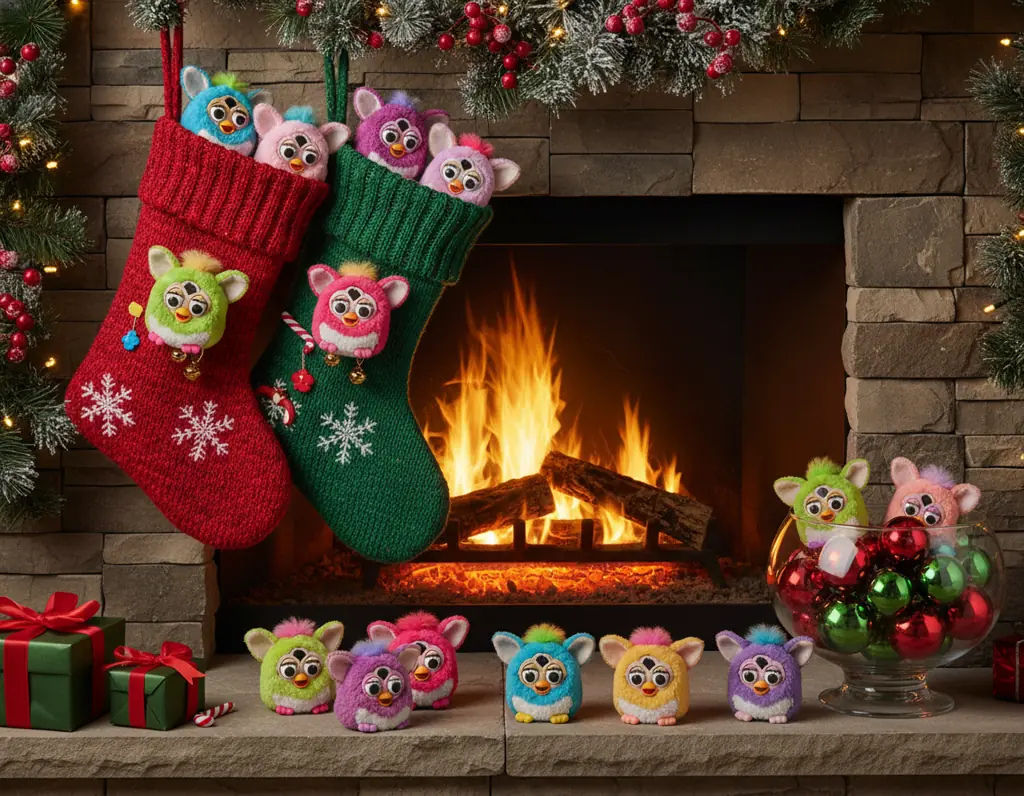 Multiple Furby Furblets arranged as stocking stuffer gifts