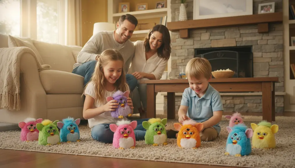 happy family enjoying furby toys together