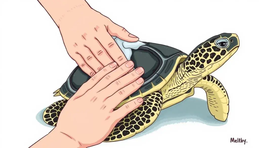 Image of a person gently cleaning Shelby's shell