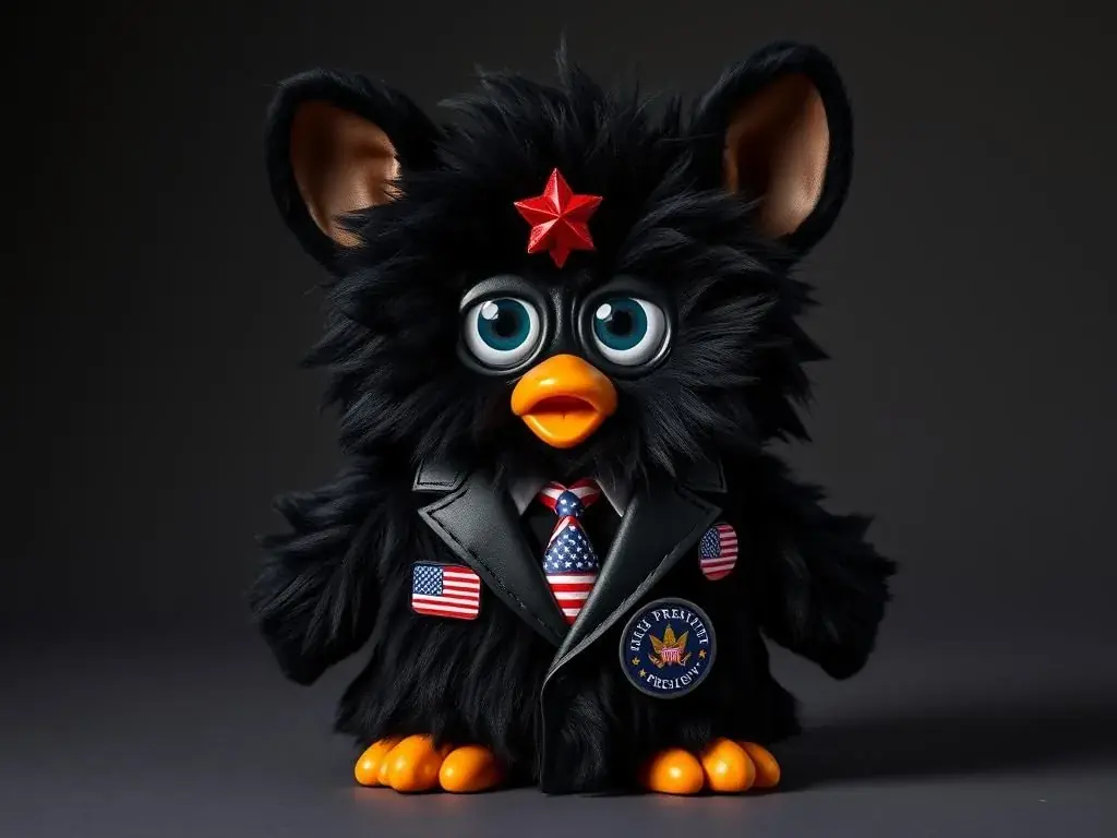 President Furby wearing a black suit with patriotic badges President Furby wearing a black suit with patriotic badges