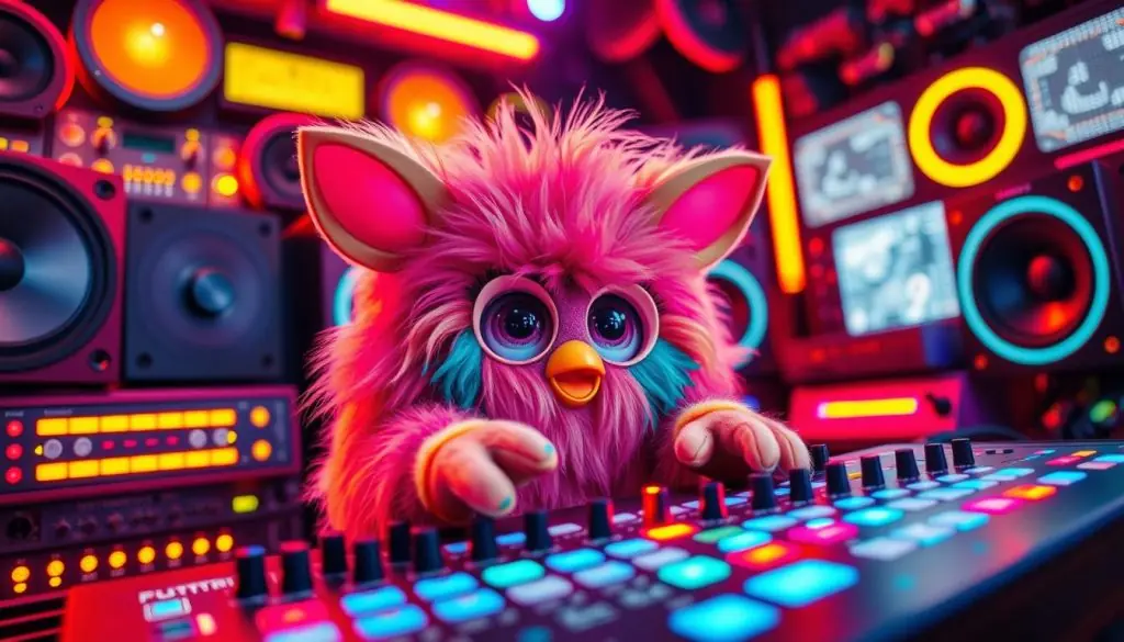 A close-up view of a Furby Furblet DJ, surrounded by a vibrant, neon-lit music studio. The Furblet, adorned with colorful, expressive features, is intently focused on a futuristic-looking soundboard, its paws deftly manipulating knobs and faders. The background is filled with a pulsing array of speakers, LED panels, and other high-tech music equipment, creating an immersive, high-energy atmosphere. Warm, diffused lighting casts a soft glow over the scene, highlighting the Furblet's dynamic movements and the studio's cutting-edge design. The overall composition conveys a sense of playful creativity and the Furblet's deep engagement with the art of music-making. A close-up view of a Furby Furblet DJ, surrounded by a vibrant, neon-lit music studio. The Furblet, adorned with colorful, expressive features, is intently focused on a futuristic-looking soundboard, its paws deftly manipulating knobs and faders. The background is filled with a pulsing array of speakers, LED panels, and other high-tech music equipment, creating an immersive, high-energy atmosphere. Warm, diffused lighting casts a soft glow over the scene, highlighting the Furblet's dynamic movements and the studio's cutting-edge design. The overall composition conveys a sense of playful creativity and the Furblet's deep engagement with the art of music-making.