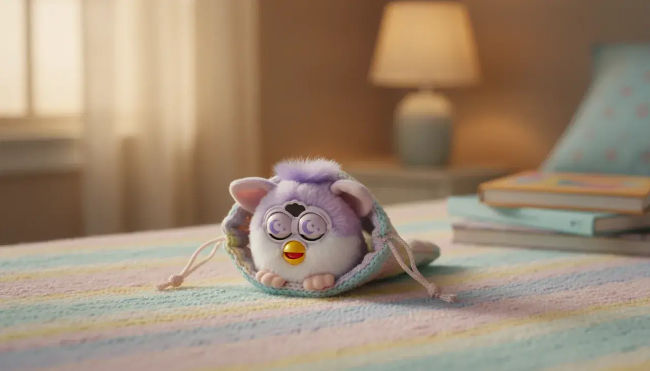 Mini Furby resting peacefully in sleep mode on soft blanket