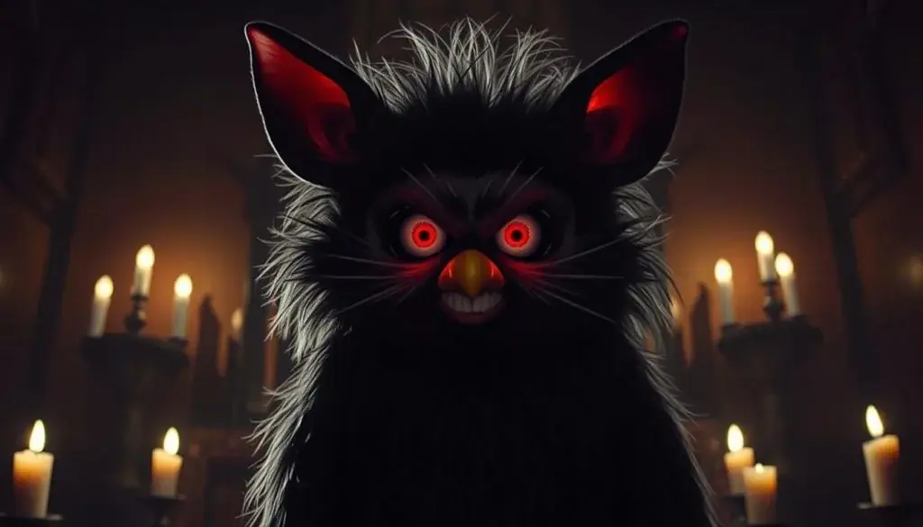 A sinister, glowing-eyed Furby towering ominously in the foreground, its once-innocent features now twisted into a malevolent sneer. Behind it, a dimly lit room with ominous shadows cast by flickering candlelight, creating an unsettling, occult-like atmosphere. The Furby's fur appears matted and unkempt, adding to its unsettling, almost demonic appearance. Subtle highlights and shadows accentuate the Furby's unnatural, almost supernatural qualities, as if it were possessed by a dark, malevolent force. The entire scene conveys a sense of unease and foreboding, hinting at the Furby's true, sinister nature.
