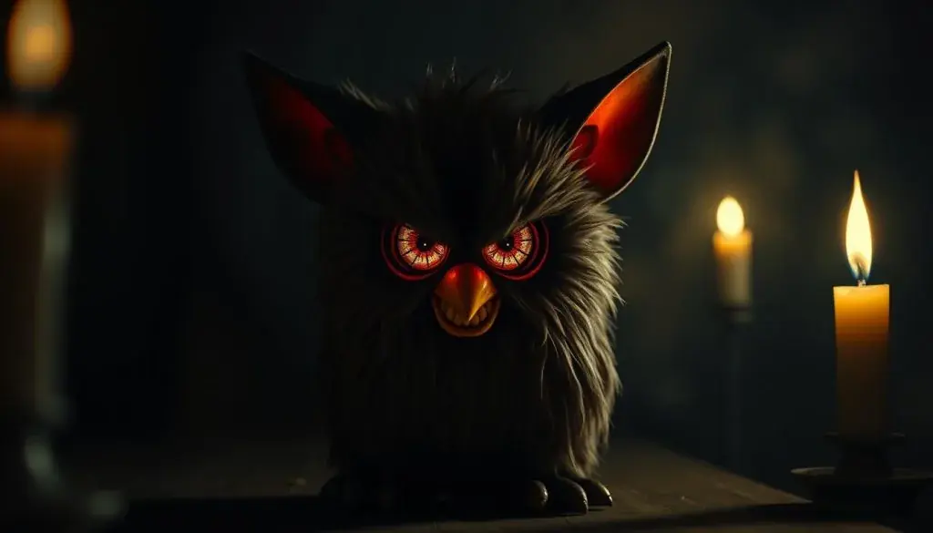 A sinister, moody Furby figure stands alone in a dimly lit, eerie setting. The animalistic toy's eyes glow with an unsettling intensity, its sharp teeth bared in a malevolent grin. The background is shrouded in deep shadows, creating an ominous atmosphere. Flickering candlelight illuminates the Furby's distorted, angular features, highlighting its uncanny, almost demonic appearance. The lighting is dramatic, casting dramatic chiaroscuro shadows that heighten the sense of foreboding. The overall tone is one of unsettling, supernatural dread, hinting at the Furby's potentially dark and malevolent nature.