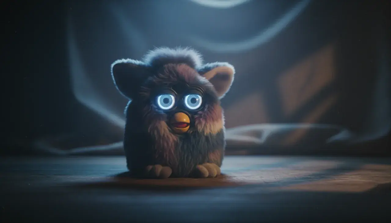 furby in dark setting creating mysterious atmospheric mood