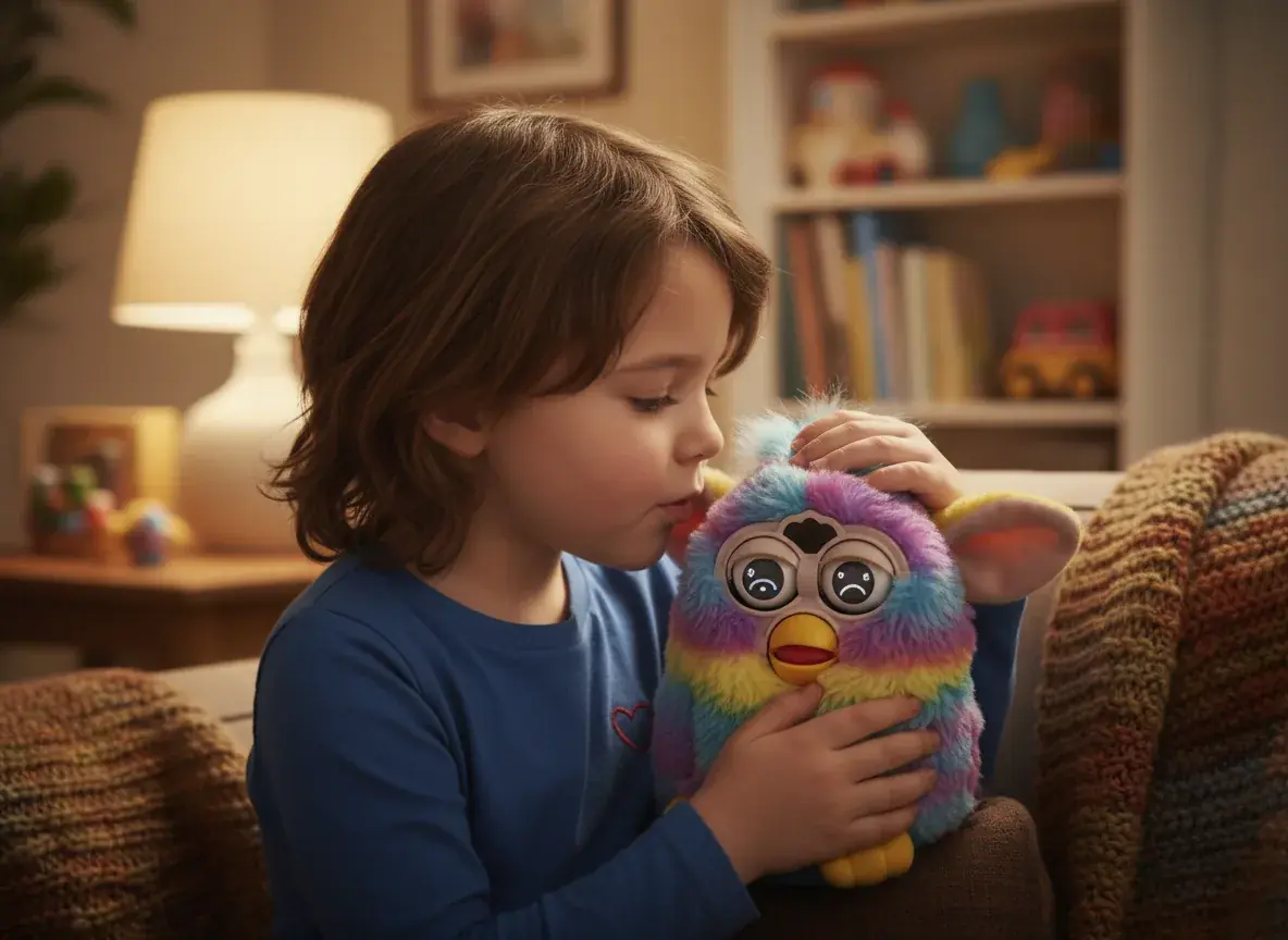 child showing empathy toward Furby toy expressing emotions
