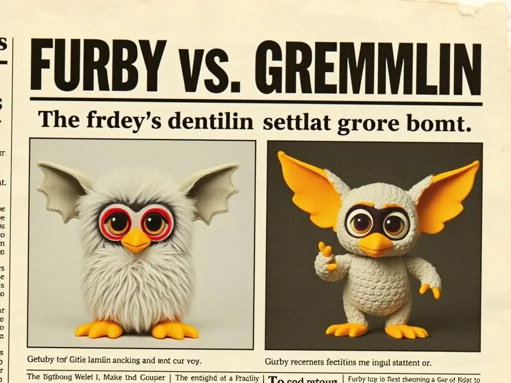 Newspaper headline about Furby vs Gremlin lawsuit settlement between Hasbro and Warner Bros