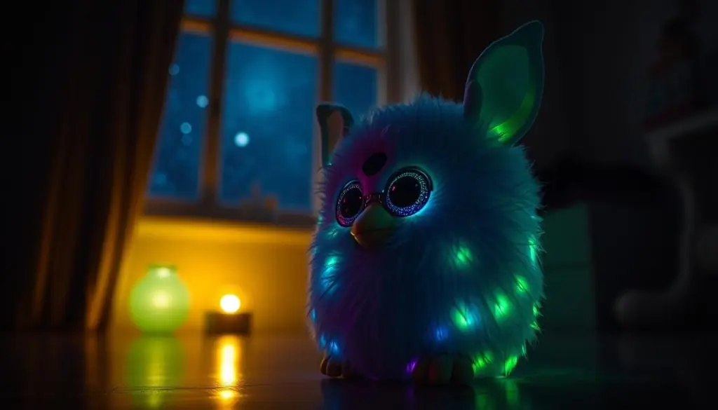 a dimly lit room, with a Furby Galaxy Edition toy in the foreground, its eyes and fur glowing softly with a mesmerizing bioluminescent effect. Highlights of neon greens and blues dance across its surface, creating an otherworldly, mystical atmosphere. The room is filled with a warm, diffuse light, as if illuminated by celestial bodies. In the background, a starry night sky is visible through a window, adding to the cosmic, dreamlike ambiance. The toy is positioned at a slight angle, capturing its enchanting features from an intriguing perspective. Overall, the image conveys a sense of wonder, enchantment, and the delightful glow-in-the-dark magic of the Furby Galaxy Edition. a dimly lit room, with a Furby Galaxy Edition toy in the foreground, its eyes and fur glowing softly with a mesmerizing bioluminescent effect. Highlights of neon greens and blues dance across its surface, creating an otherworldly, mystical atmosphere. The room is filled with a warm, diffuse light, as if illuminated by celestial bodies. In the background, a starry night sky is visible through a window, adding to the cosmic, dreamlike ambiance. The toy is positioned at a slight angle, capturing its enchanting features from an intriguing perspective. Overall, the image conveys a sense of wonder, enchantment, and the delightful glow-in-the-dark magic of the Furby Galaxy Edition.