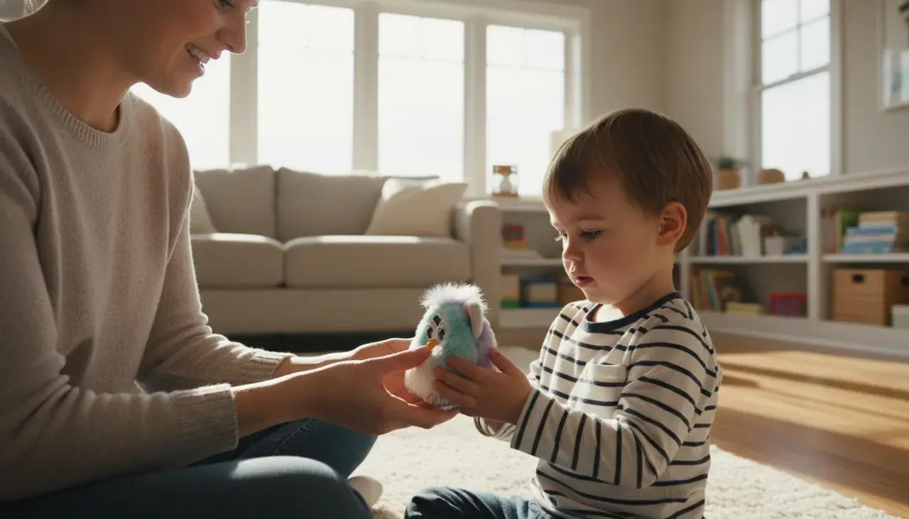 Adult supervising child safely handling Mini Furby