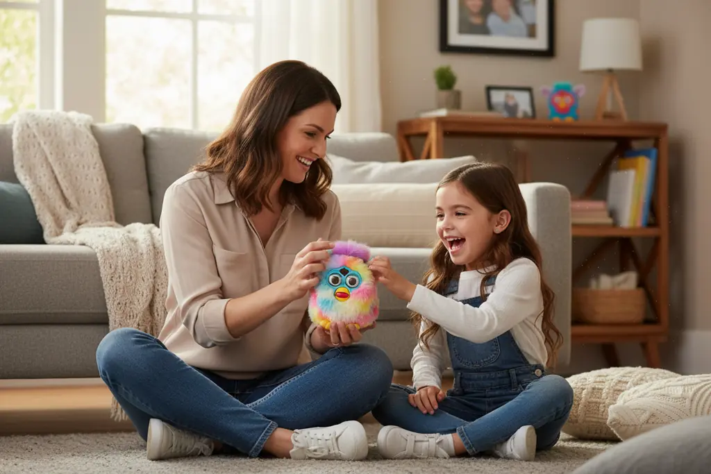 child and parent playing with furby showing generational connection