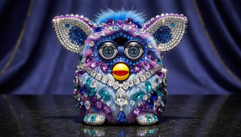 Bejewelled Furby showing Swarovski crystal embellishments sparkling under light