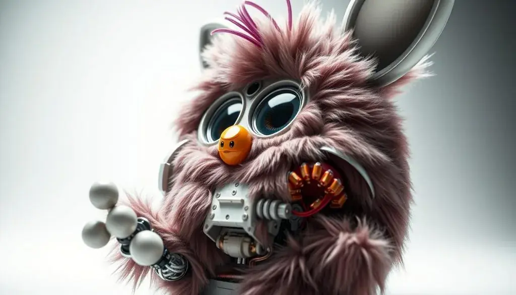 A highly detailed and technical close-up view of the inner workings and components of a Furby 2012 plush toy, captured in a clean, well-lit studio environment. The image should showcase the intricate mechanisms, circuitry, and moving parts that bring the Furby to life, with a focus on precise engineering and design. Render the robotic innards with a sense of precision and complexity, using a neutral color palette and a shallow depth of field to emphasize the technical nature of the subject. Capture the Furby from multiple angles to provide a comprehensive understanding of its innovative and advanced design.
