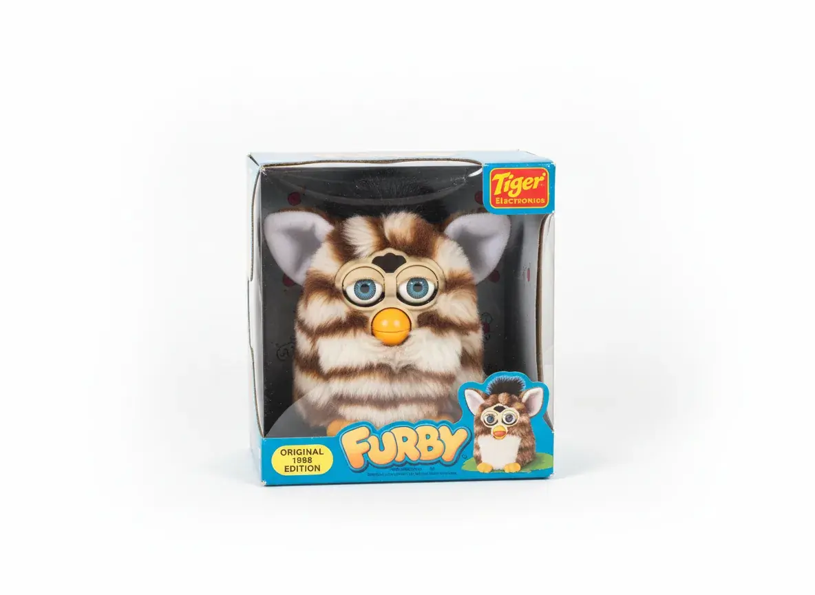 Original 1998 Furby in unopened box showing vintage packaging and classic design