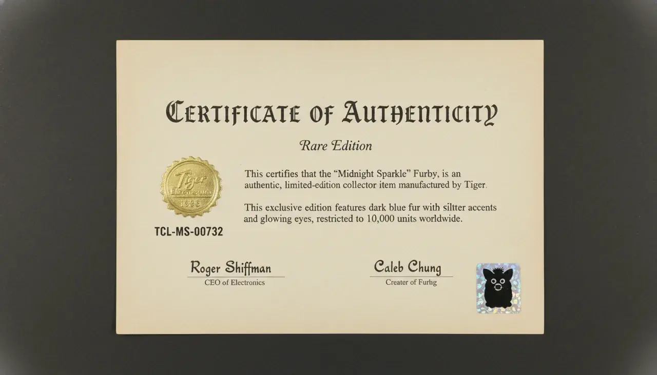 Certificate of authenticity and documentation for rare Furby