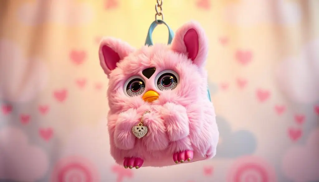 A high-quality, detailed image of a Loungefly Hasbro Furby Mini Backpack in a vibrant and playful setting. The backpack is prominently displayed in the center, its soft pastel colors and plush Furby design filling the frame. The backpack has intricate stitching, embroidered details, and a shimmering metallic Furby accent. The backpack is suspended against a blurred, dreamlike background with hints of clouds, whimsical patterns, and a warm, diffused lighting that creates a cozy, inviting atmosphere. The angle and composition highlight the backpack's versatility and appeal as an accessory for both children and adults. A high-quality, detailed image of a Loungefly Hasbro Furby Mini Backpack in a vibrant and playful setting. The backpack is prominently displayed in the center, its soft pastel colors and plush Furby design filling the frame. The backpack has intricate stitching, embroidered details, and a shimmering metallic Furby accent. The backpack is suspended against a blurred, dreamlike background with hints of clouds, whimsical patterns, and a warm, diffused lighting that creates a cozy, inviting atmosphere. The angle and composition highlight the backpack's versatility and appeal as an accessory for both children and adults.