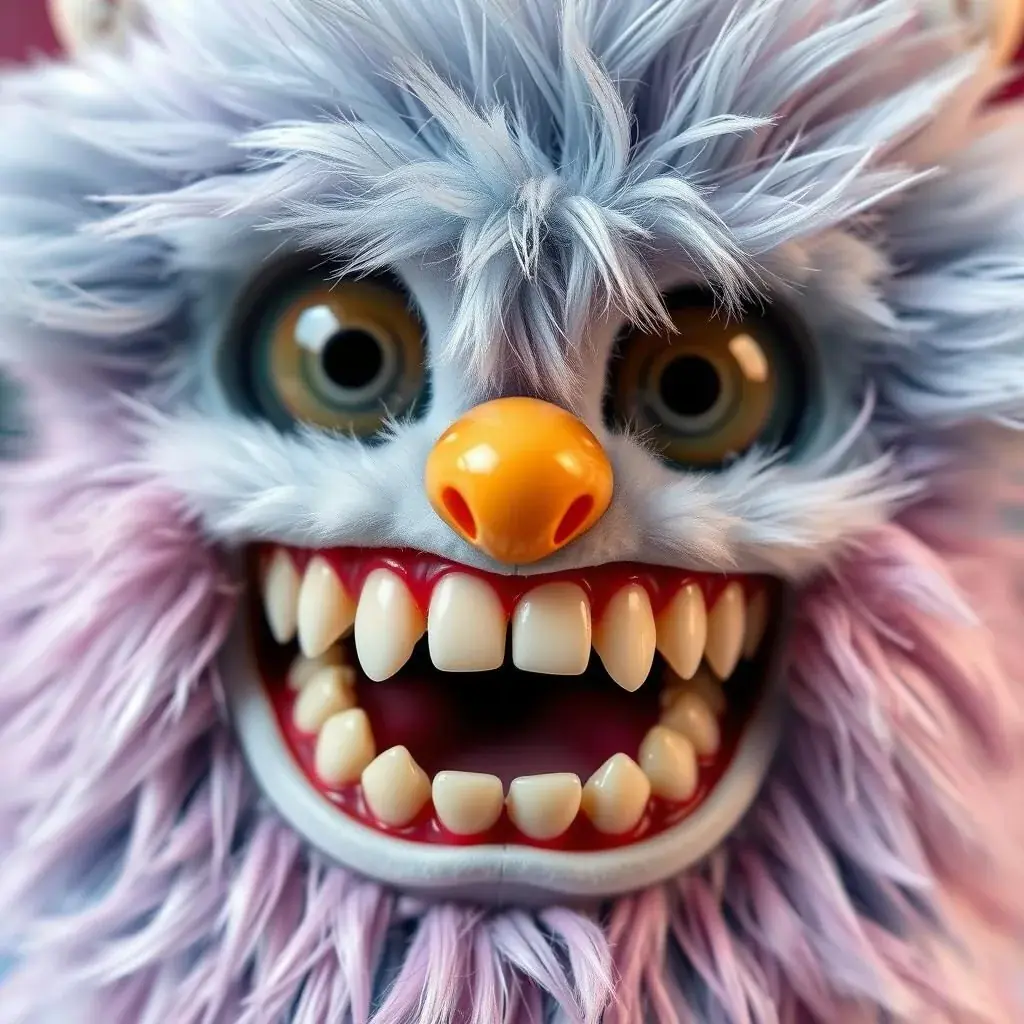 Close-up of Jordan Taylor's dental Furby creation with realistic teeth