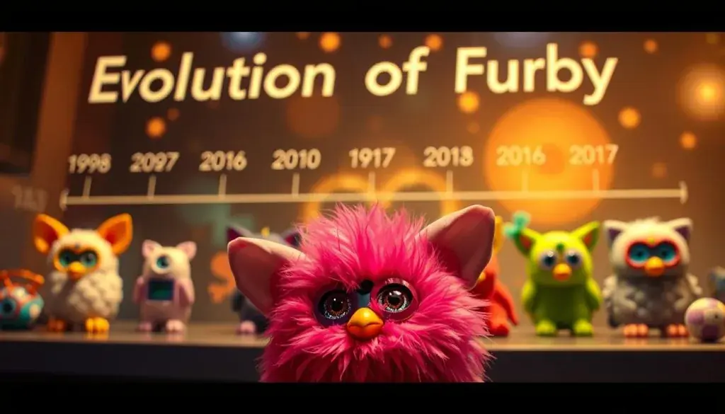 A visually captivating display of the evolution of interactive toys, showcasing the progression from the classic Furby in 1998 to the updated Furby 2010 model. The foreground features the Furby 2010, its vibrant fur and expressive eyes capturing the attention. In the middle ground, a timeline unfolds, with earlier Furby models and other iconic interactive toys like Tamagotchi and Zhu Zhu Pets, all rendered in vivid detail. The background is a softly blurred, dream-like environment, with hints of technological advancements and the changing landscape of toy design over the years. Warm lighting and a nostalgic color palette evoke a sense of wonder and nostalgia, capturing the essence of the "Evolution of Furby" narrative.