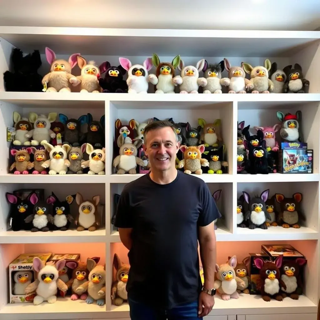 An adult collector displaying their Shelby Furby collection on custom shelving