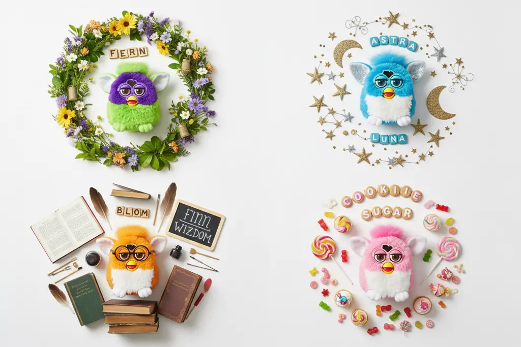 furby toys arranged with themed decorative elements