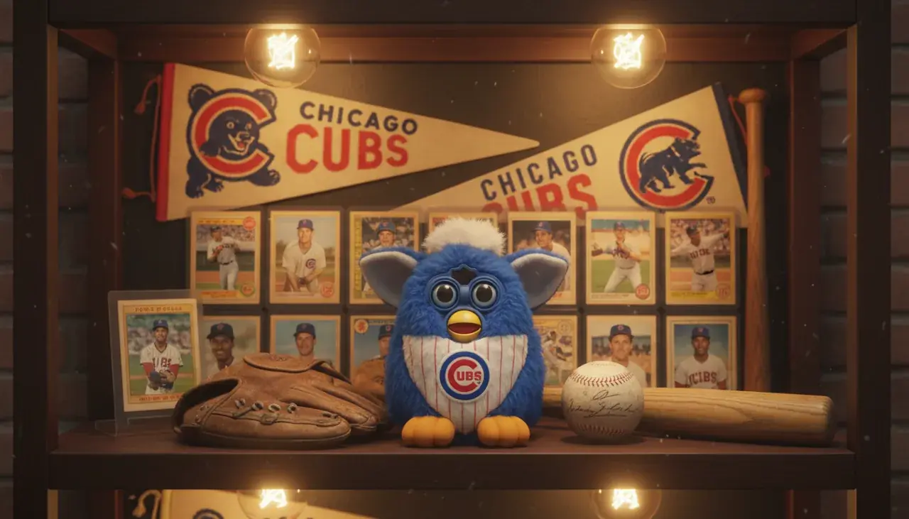 Chicago Cubs Furby displayed with baseball memorabilia