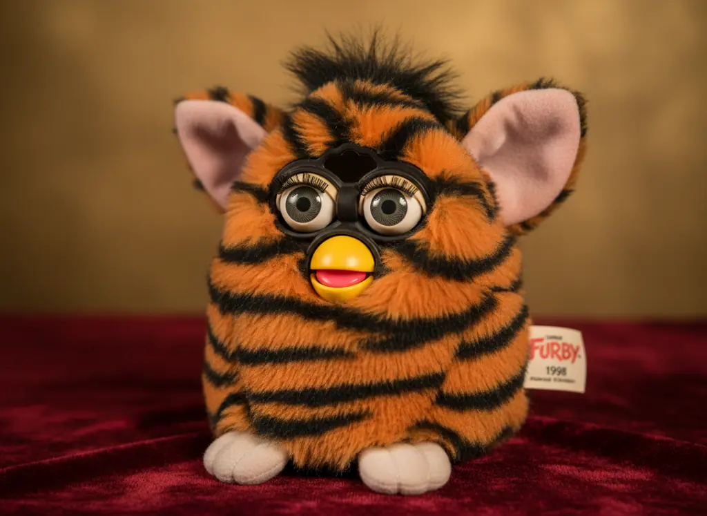 Classic 1998 original Furby toy with tiger striped fur pattern
