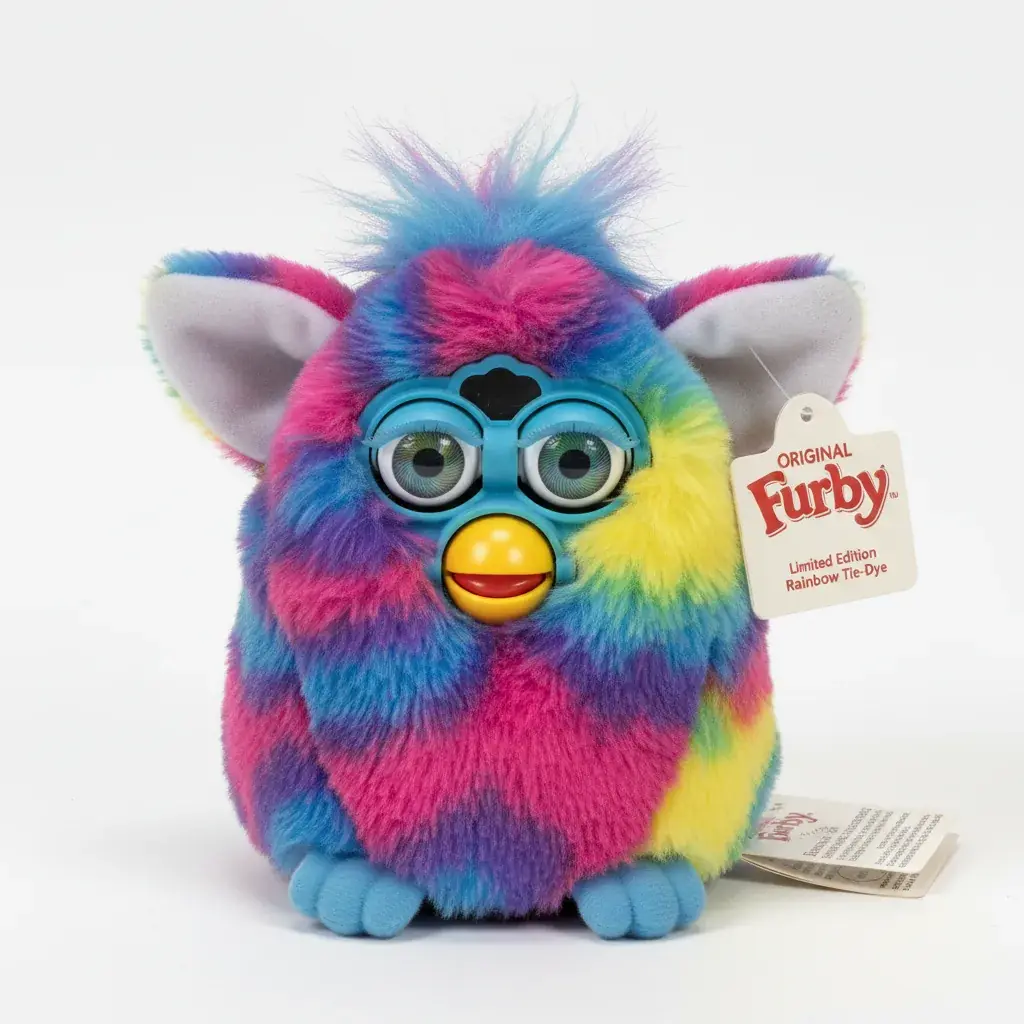 rainbow Furby with vibrant multicolor fur pattern showing rare collectible value