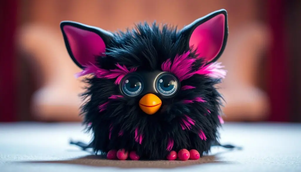 A detailed, high-quality image of a Furby toy with striking black and pink features. The Furby is positioned in the center of the frame, its large expressive eyes, plush furry body, and distinct pink accents drawing the viewer's attention. The lighting is soft and ambient, creating a warm, inviting atmosphere. The background is blurred, placing the focus entirely on the Furby's distinctive design. Subtle shadows and highlights accentuate the Furby's form, making it appear lifelike and dimensional. The overall composition is balanced and visually appealing, capturing the whimsical and playful nature of this iconic toy.